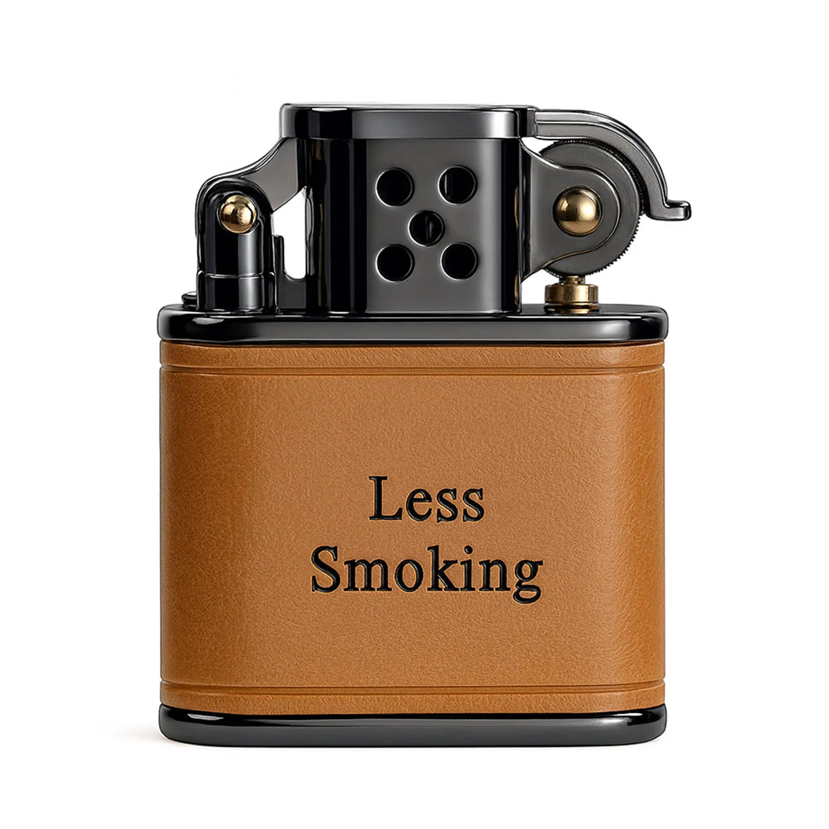 A professional studio shot of a Thorens mechanical lighter featuring a brown handmade cowhide leather wrap with "Less Smoking" embossed on the front.