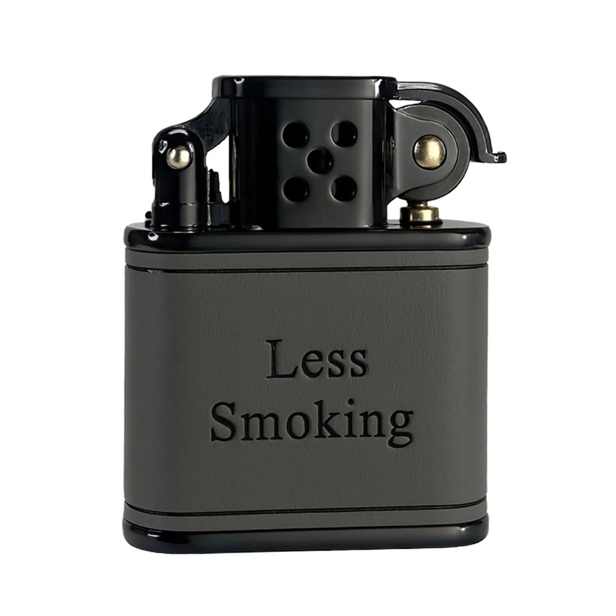A Thorens mechanical lighter featuring a refined gray handmade cowhide leather wrap with "Less Smoking" embossed on the body.