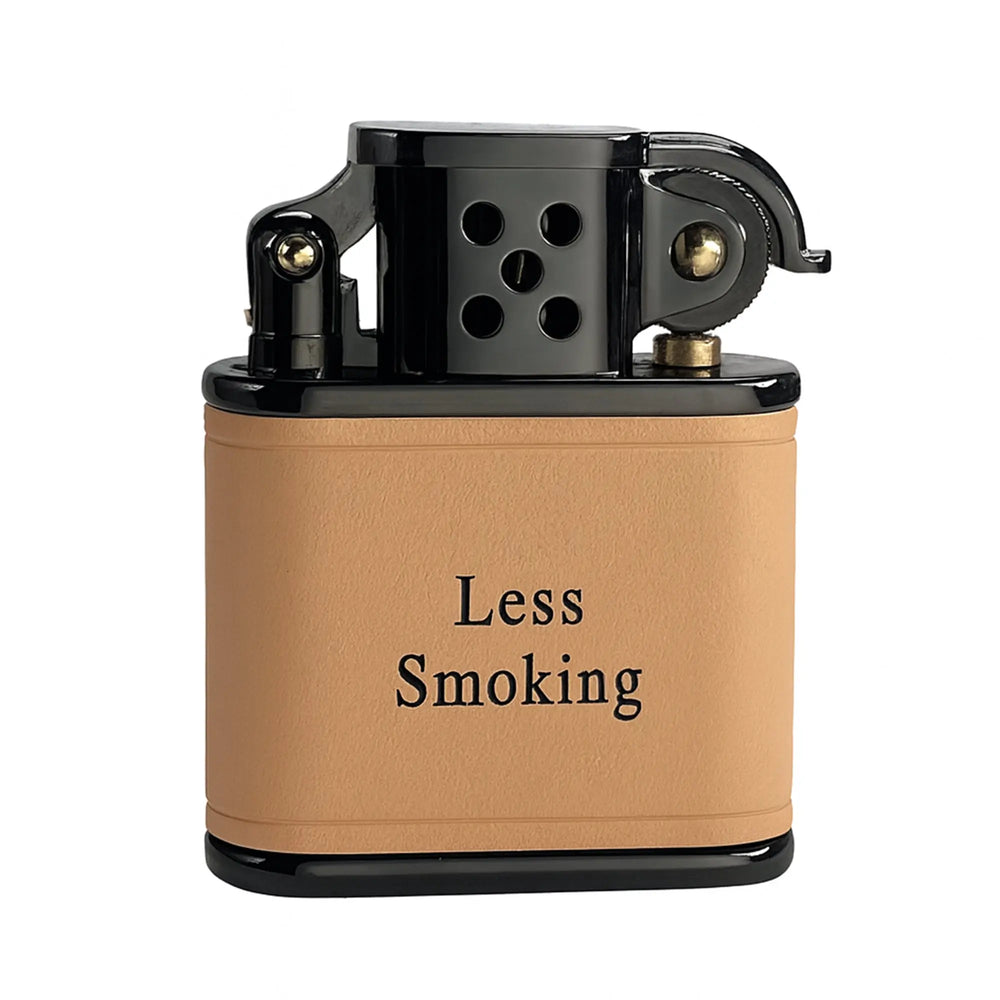 A Thorens mechanical lighter featuring a soft pink-white handmade cowhide leather wrap with "Less Smoking" embossed on the front surface.