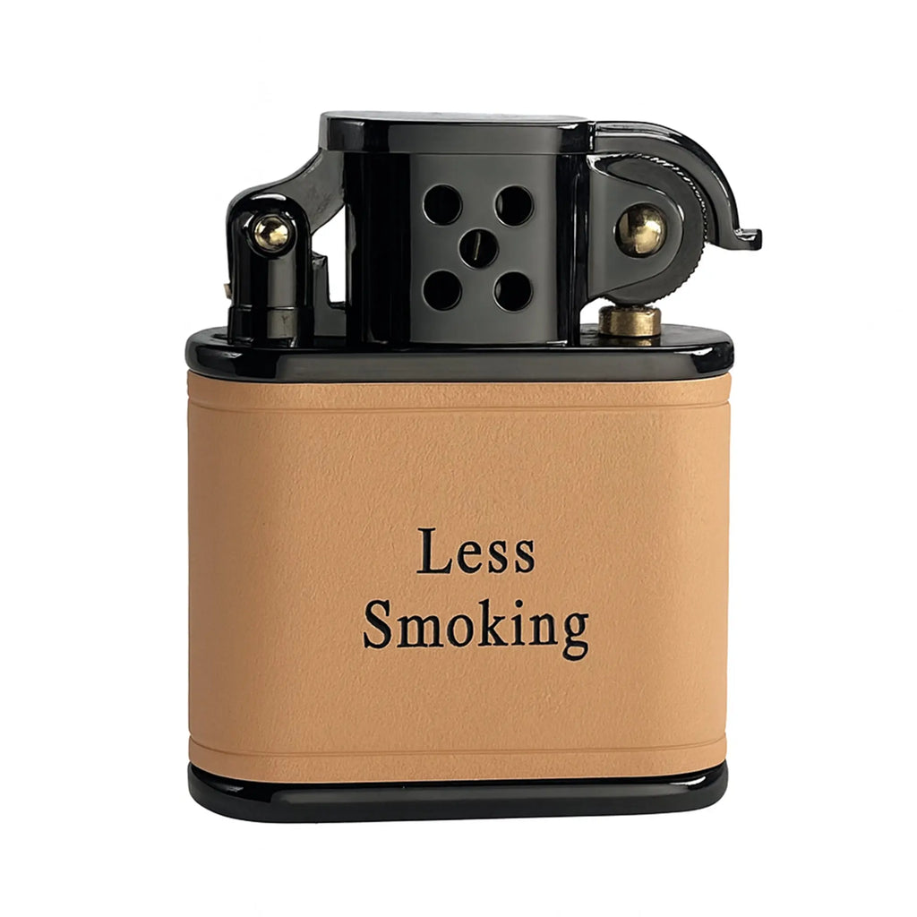 A Thorens mechanical lighter featuring a soft pink-white handmade cowhide leather wrap with "Less Smoking" embossed on the front surface.