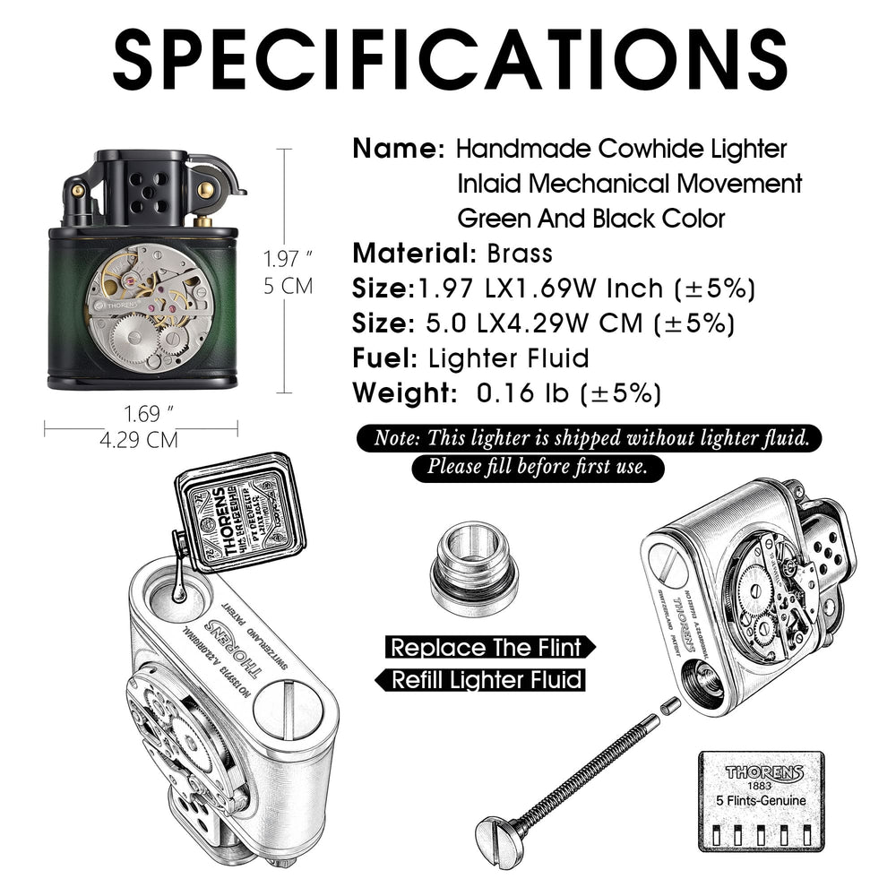 Specifications image for the Thorens handmade cowhide lighter with inlaid mechanical movement in green and black, showing dimensions, material, weight, fuel type, refill instructions, and flint replacement details.