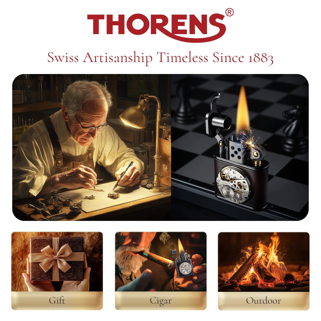 A promotional collage for Thorens featuring a master craftsman at a workbench, an ignited mechanical movement lighter on a chessboard, and lifestyle shots for gifting, cigars, and outdoor use.