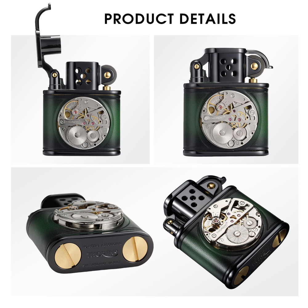 Product details image of a Thorens handmade cowhide lighter with inlaid mechanical movement in green and black, showing open and closed front views, bottom details, and angled views.