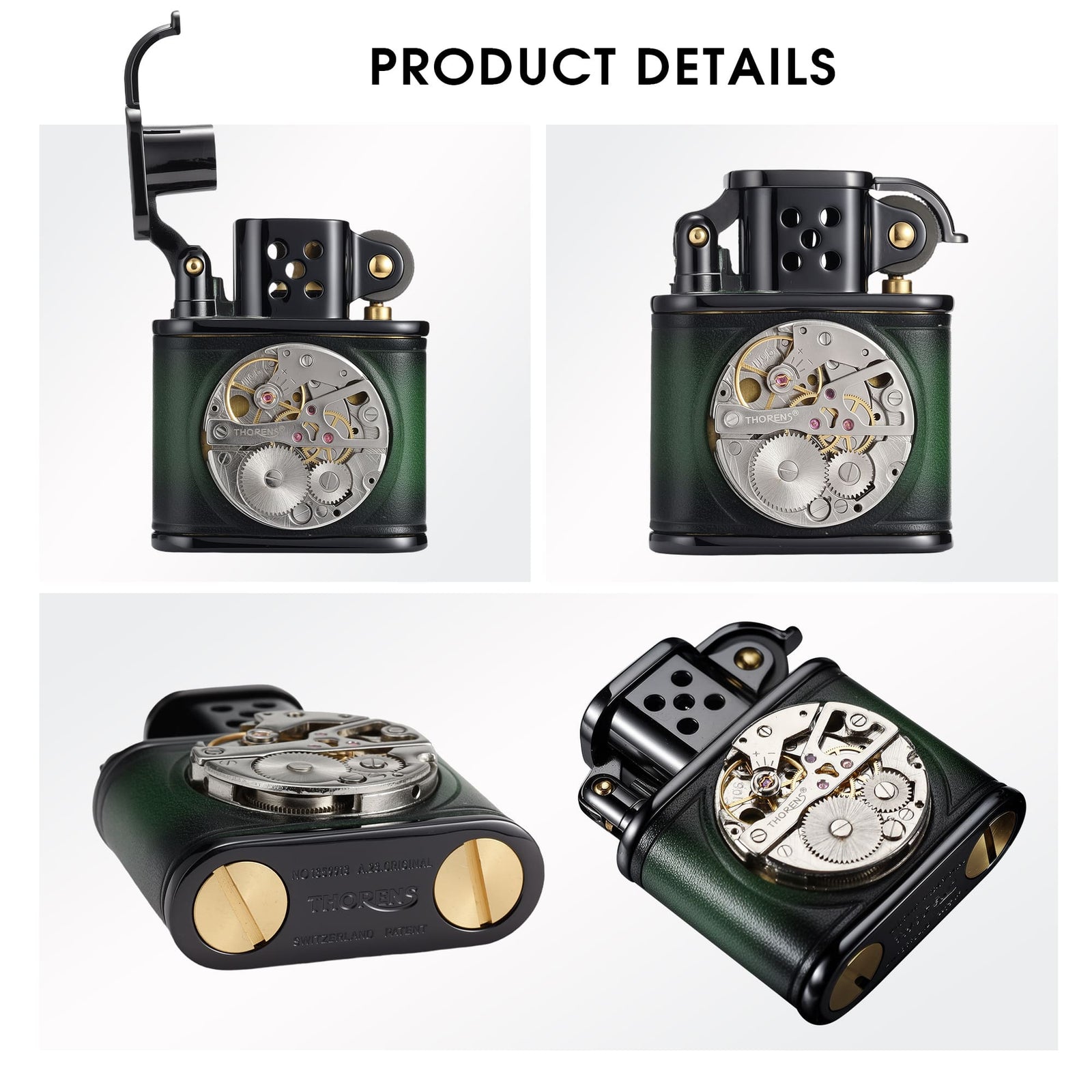 Product details image of a Thorens handmade cowhide lighter with inlaid mechanical movement in green and black, showing open and closed front views, bottom details, and angled views.