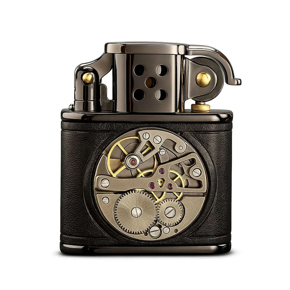 A luxury handmade lighter wrapped in black cowhide leather, featuring an exposed mechanical clockwork movement inlay and gunmetal-toned hardware.