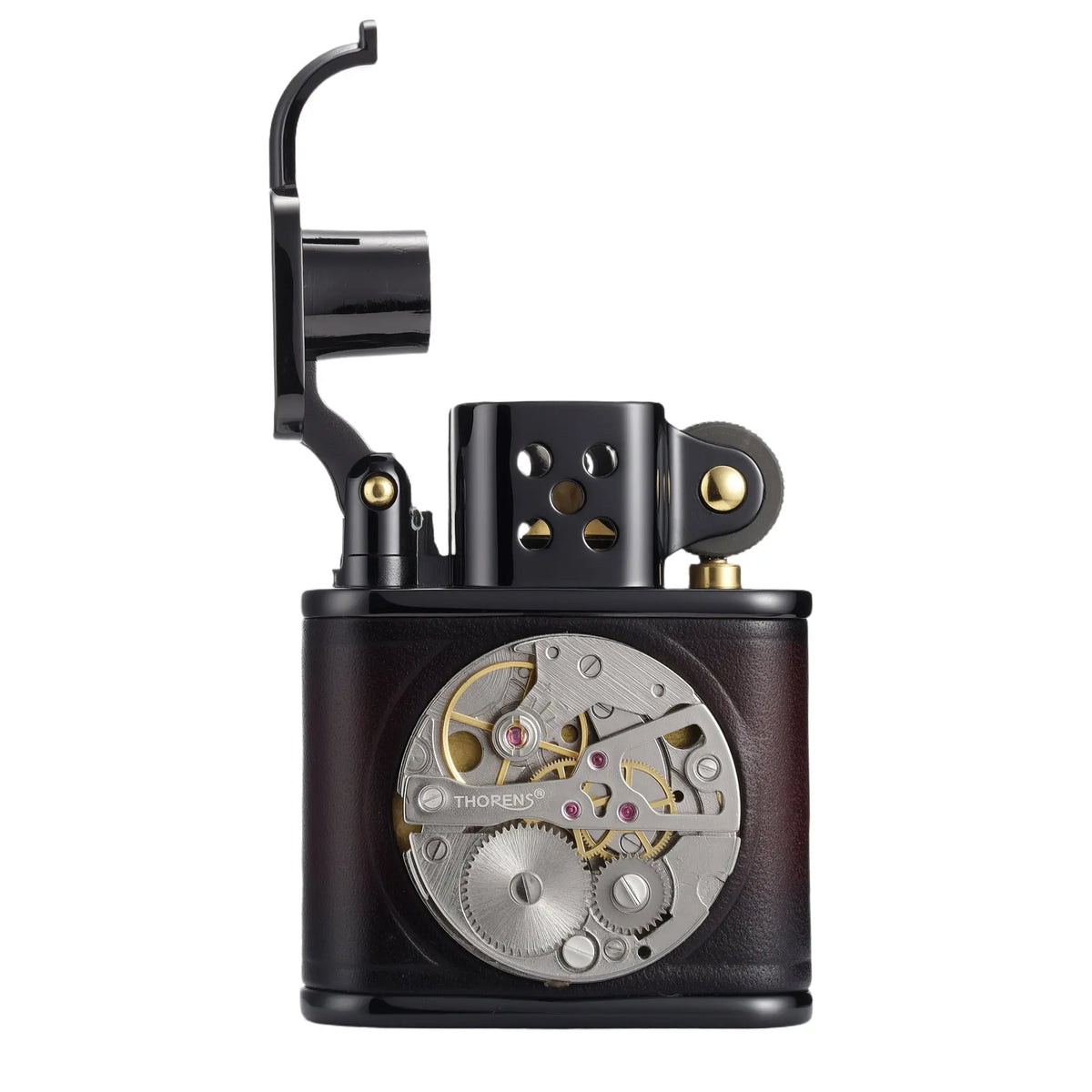 A side profile of a Thorens handmade cowhide lighter with an open lid, featuring a red and black leather finish and an inlaid mechanical movement.