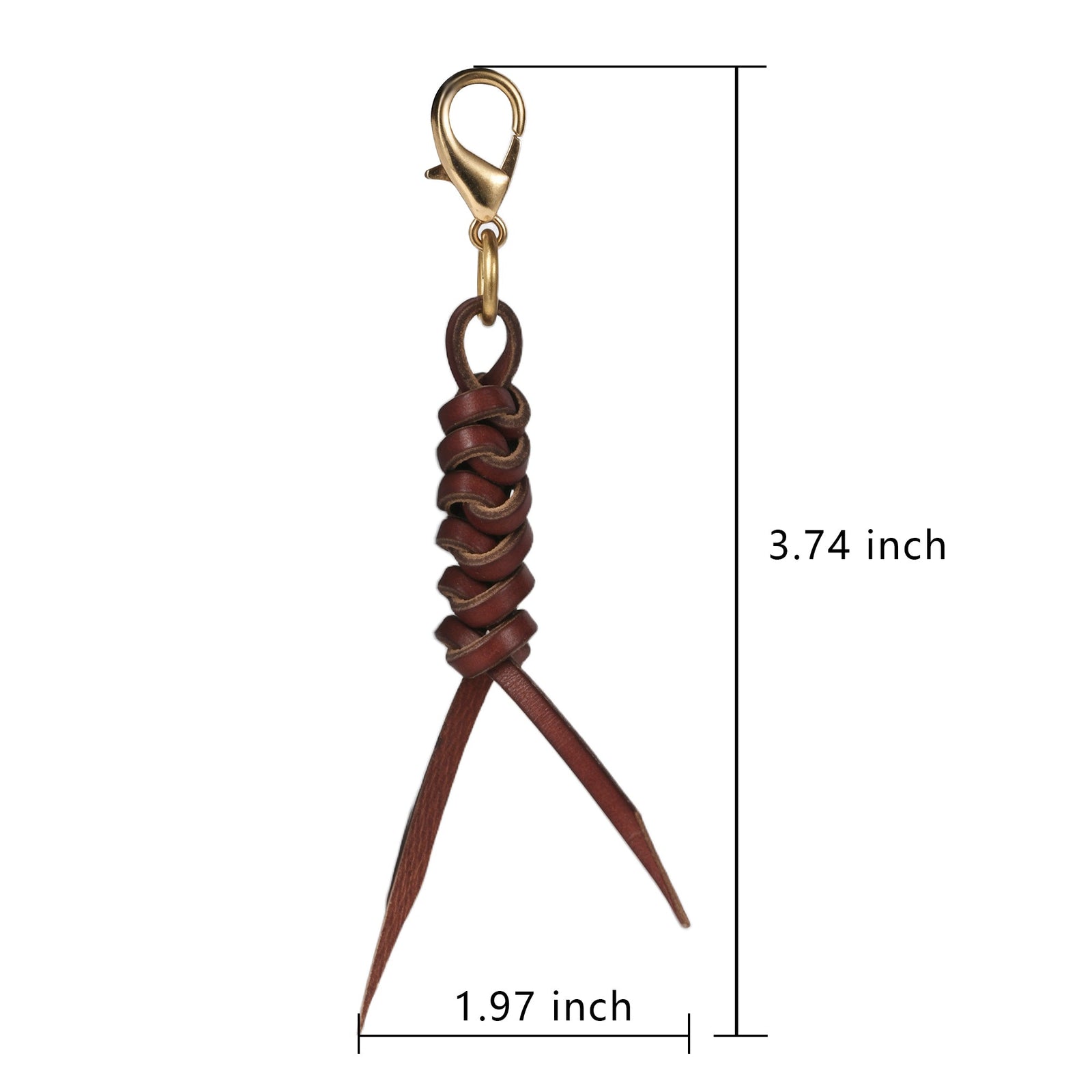 Handwoven cowhide leather charm with braided strap and metal clasp, shown with length and width measurements on a clean background.