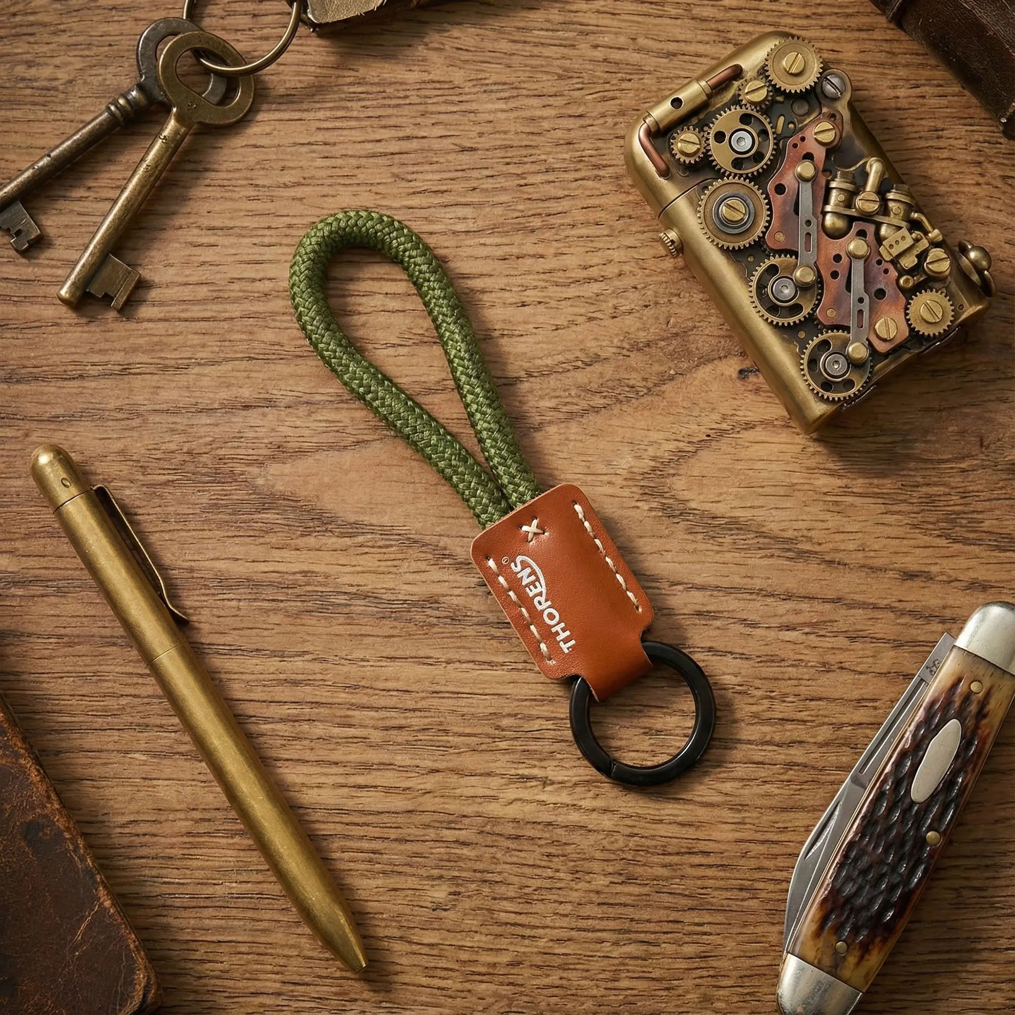Leather EDC Keychain Gift for Men, Braided Cord Vintage Design