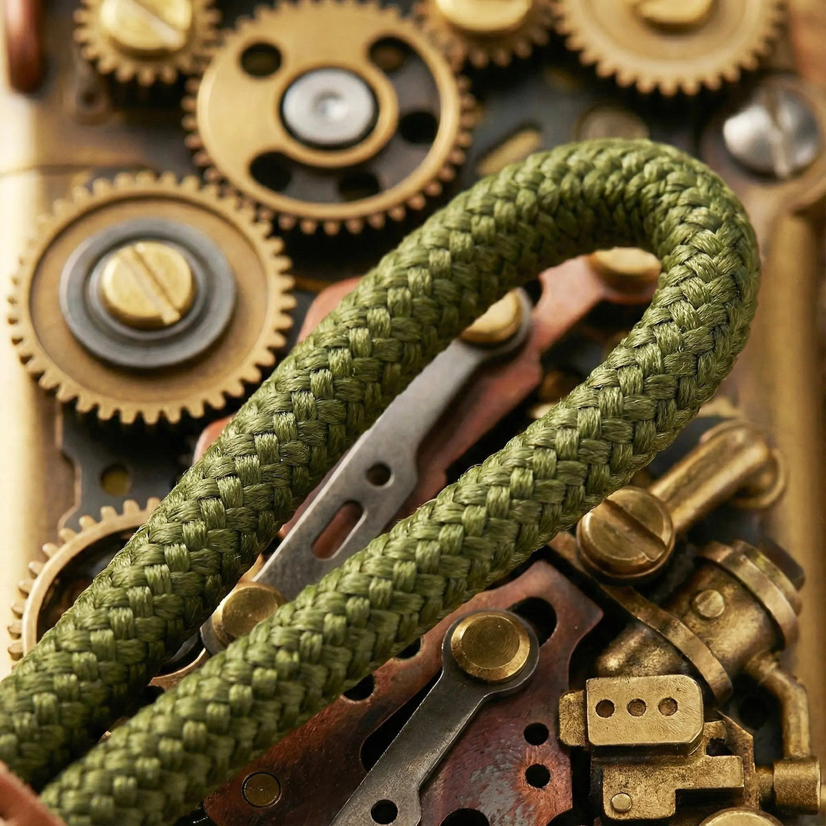Macro view of a green woven paracord keychain loop resting on the intricate brass and copper gears of a Thorens mechanical lighter.
