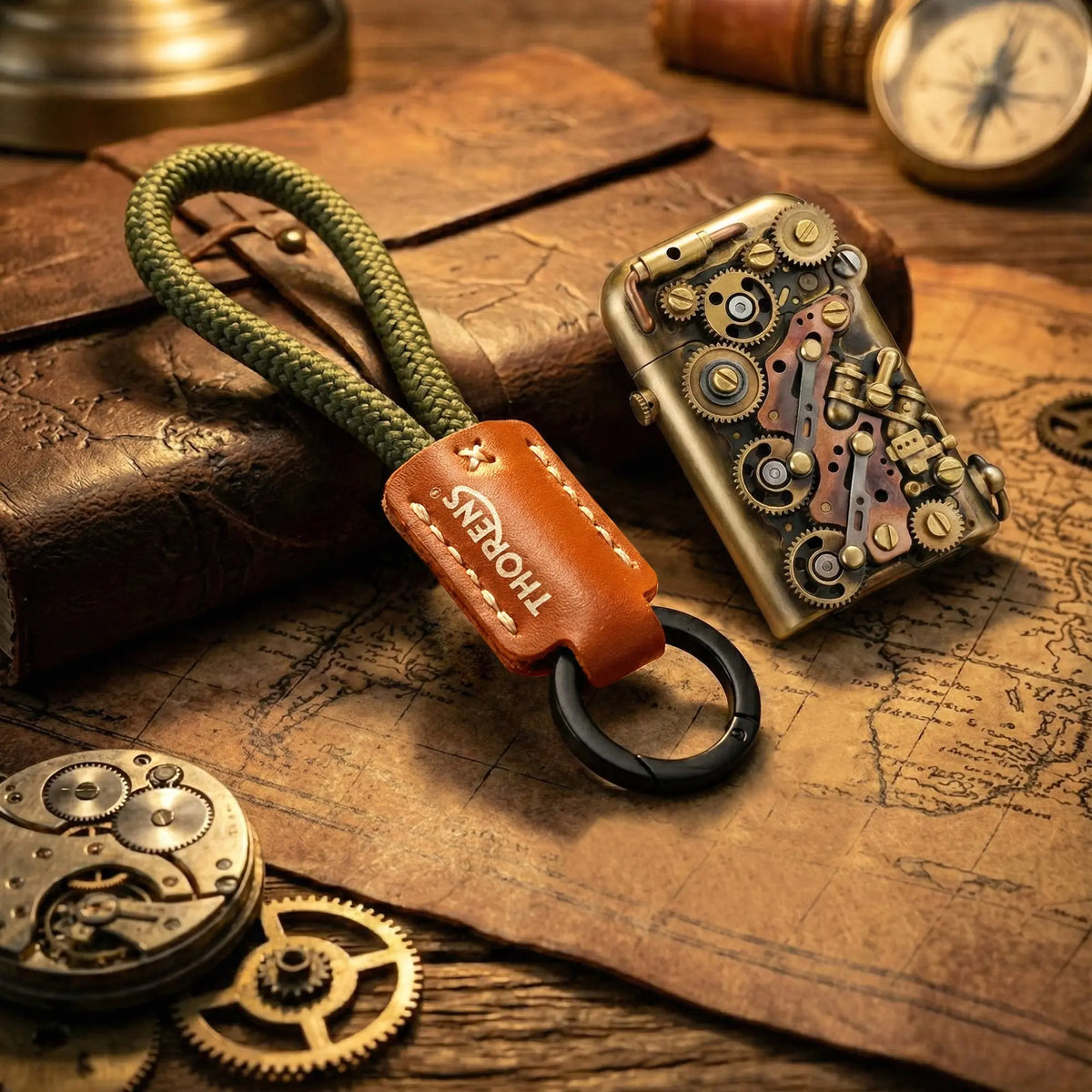 A Thorens green paracord keychain with a leather logo sleeve paired with a brass gear lighter on a vintage map and leather journal.