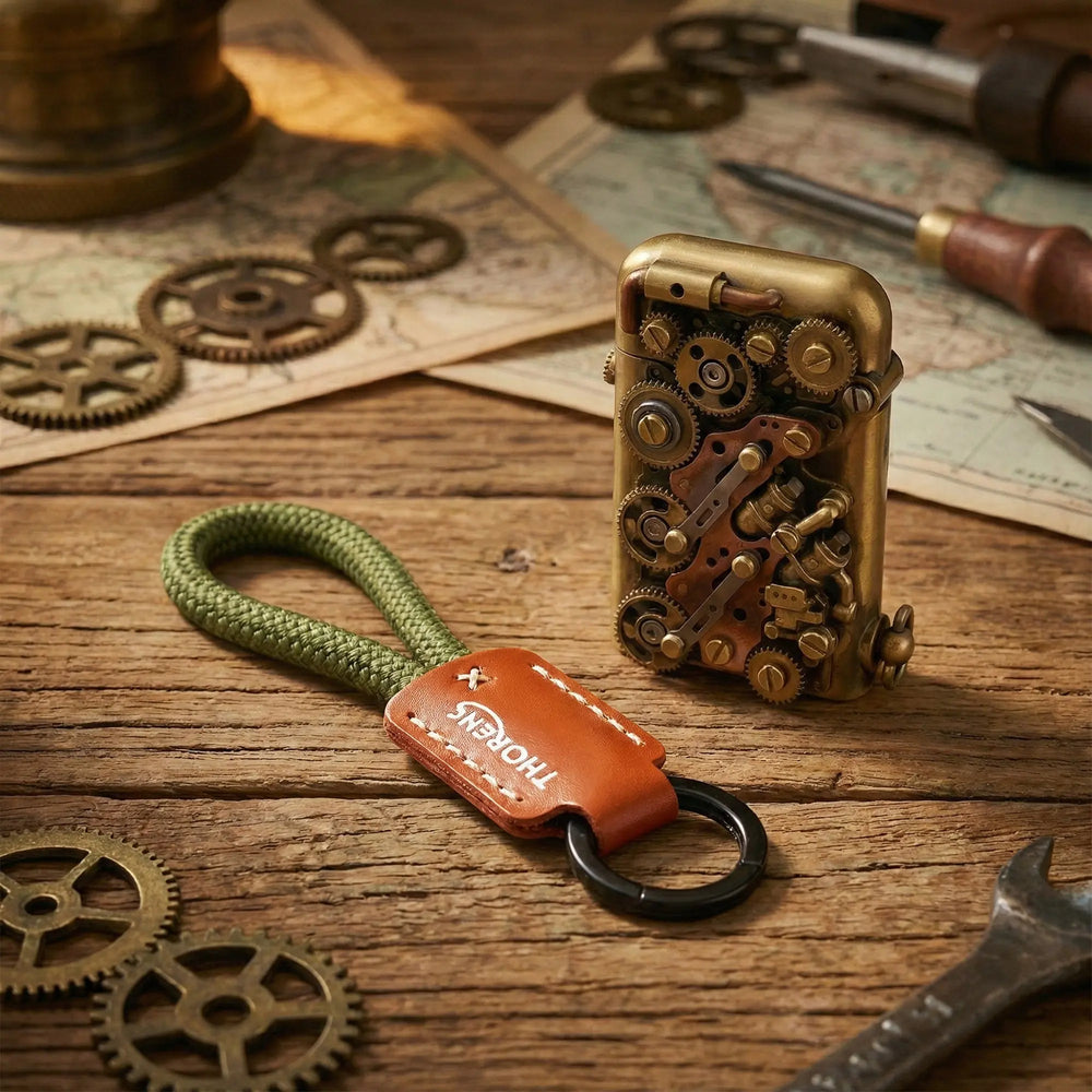 A Thorens leather and green paracord keychain placed next to an intricate brass steampunk gear lighter on a rustic wooden workshop table.