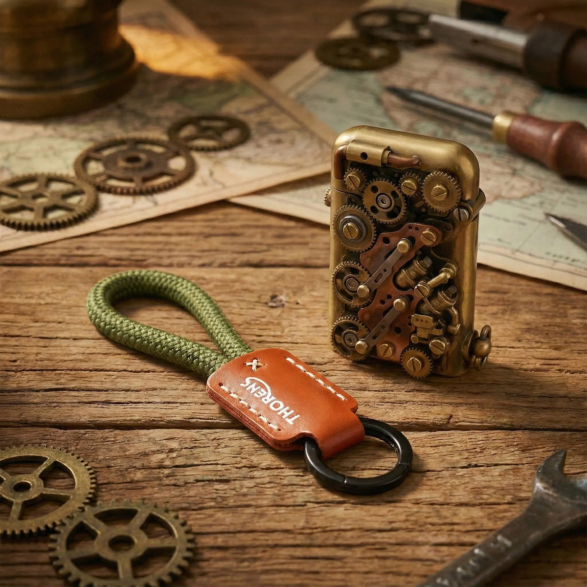 A Thorens leather and green paracord keychain placed next to an intricate brass steampunk gear lighter on a rustic wooden workshop table.