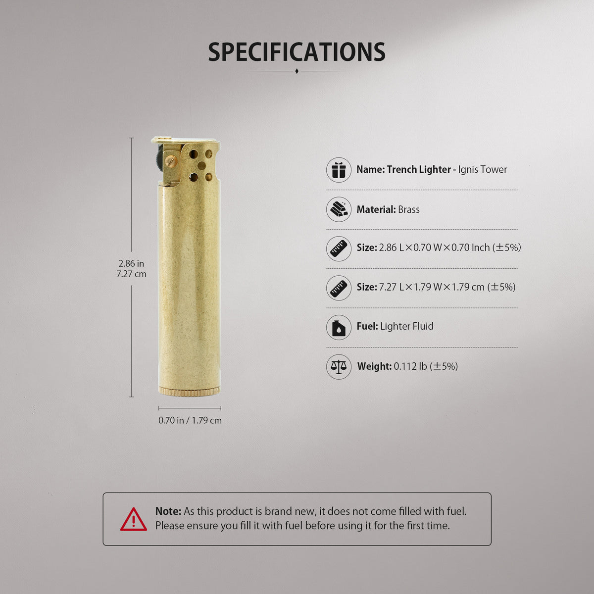 Detailed close-up views of the Ignis Tower brass lighter, featuring the bottom Thorens logo engraving, the mechanical flint wheel, and the windguard structure in various positions.