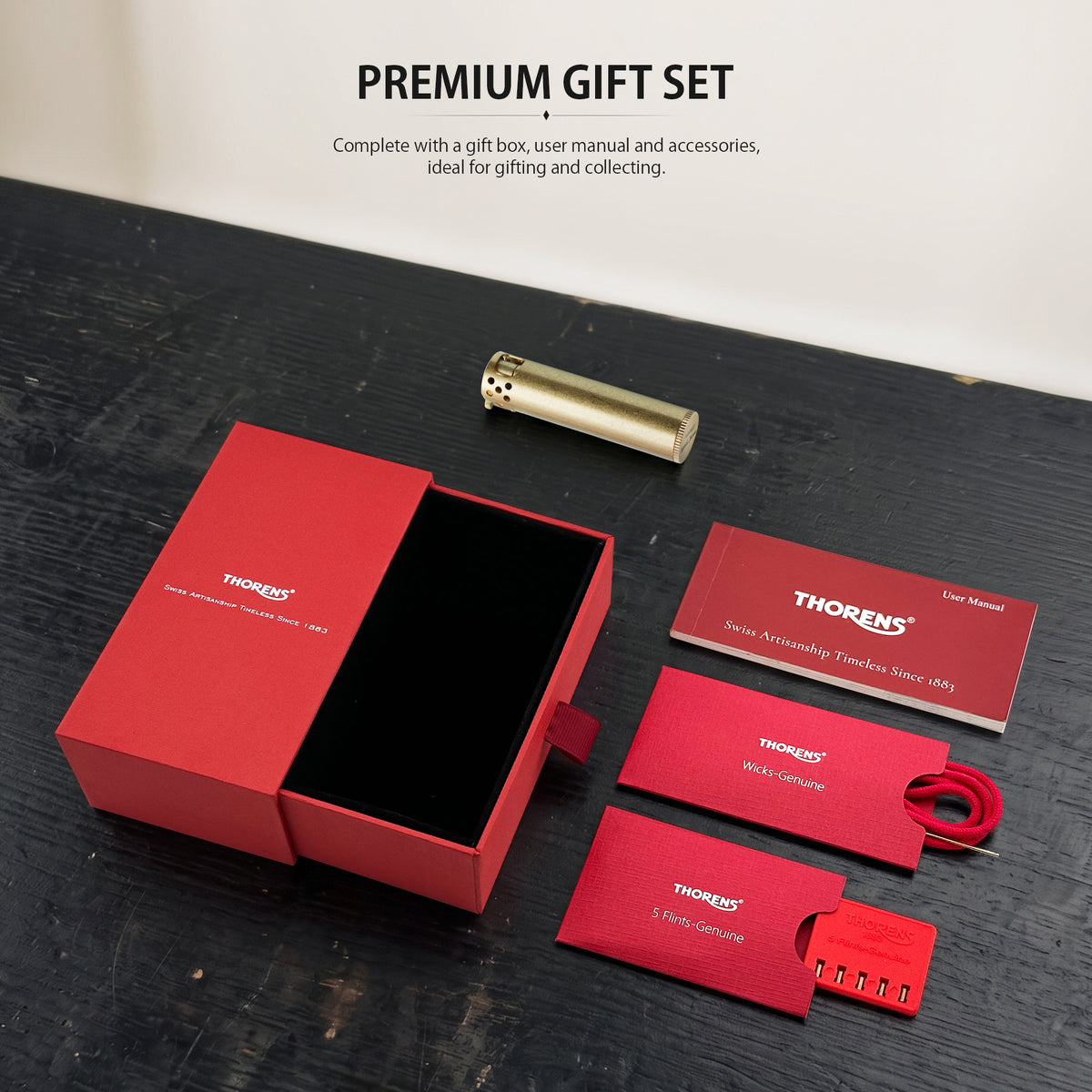 Product list for the Ignis Tower lighter including the luxury red Thorens gift box, replacement flints, cotton wicks, and user manual.