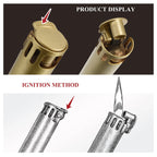 A combined product display and line drawing illustration showing the correct thumb-slide ignition method for the Ignis Tower brass lighter.