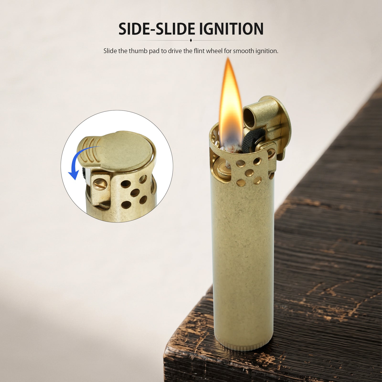 A combined product display and line drawing illustration showing the correct thumb-slide ignition method for the Ignis Tower brass lighter.