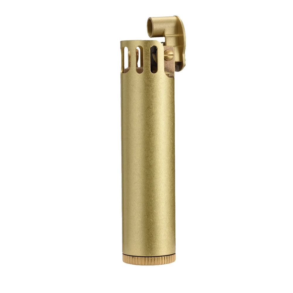 Side view of the Ignis Tower brass lighter on a white background, highlighting its slim cylindrical shape and the mechanical thumb-lever ignition arm in the closed position.