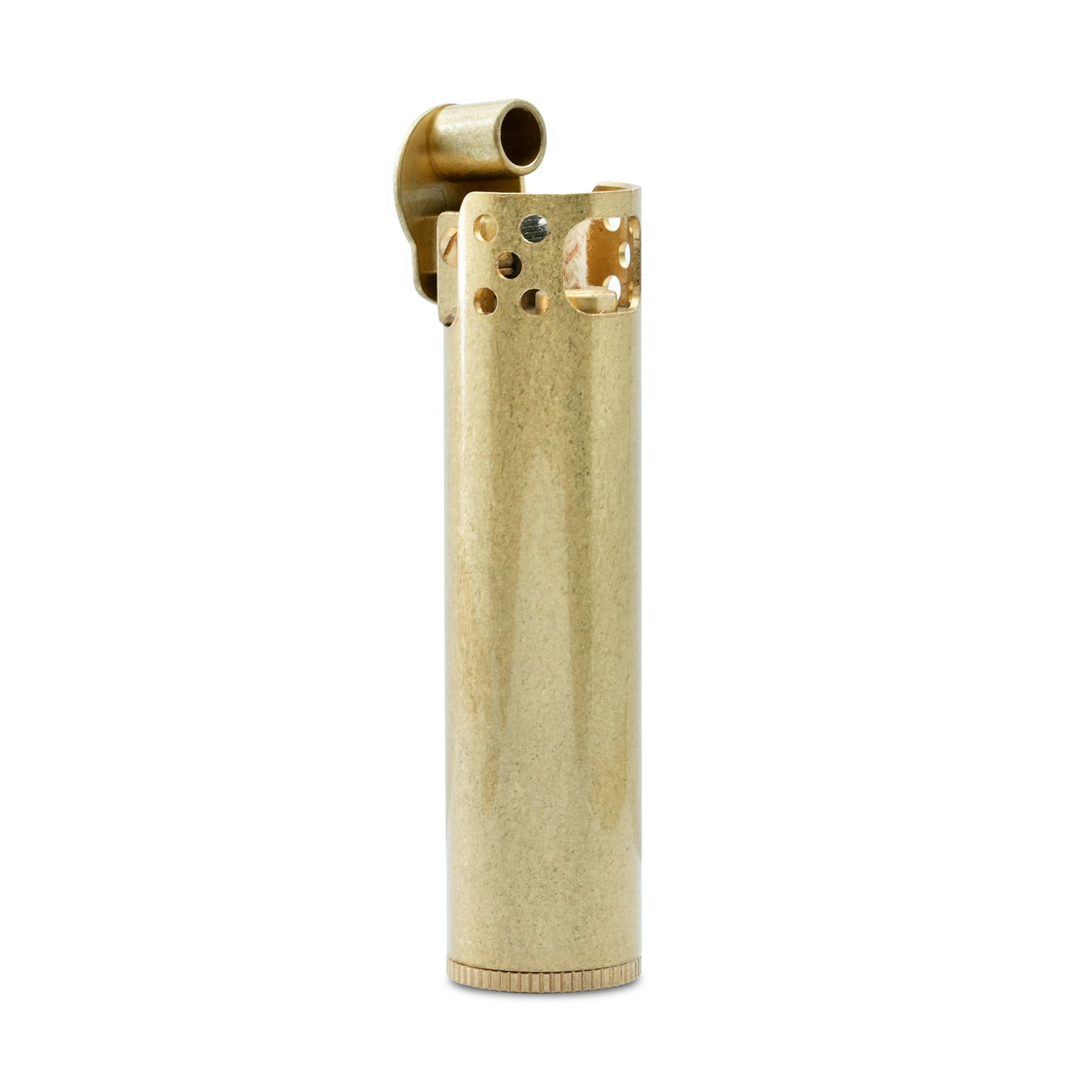 Side view of the Ignis Tower brass lighter on a white background, highlighting its slim cylindrical shape and the mechanical thumb-lever ignition arm in the closed position.