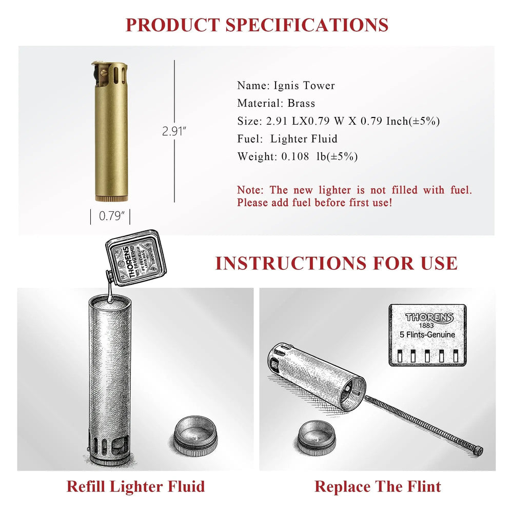 Technical infographic for the Ignis Tower brass lighter, displaying product dimensions and illustrated guides for refilling fluid and replacing the flint.