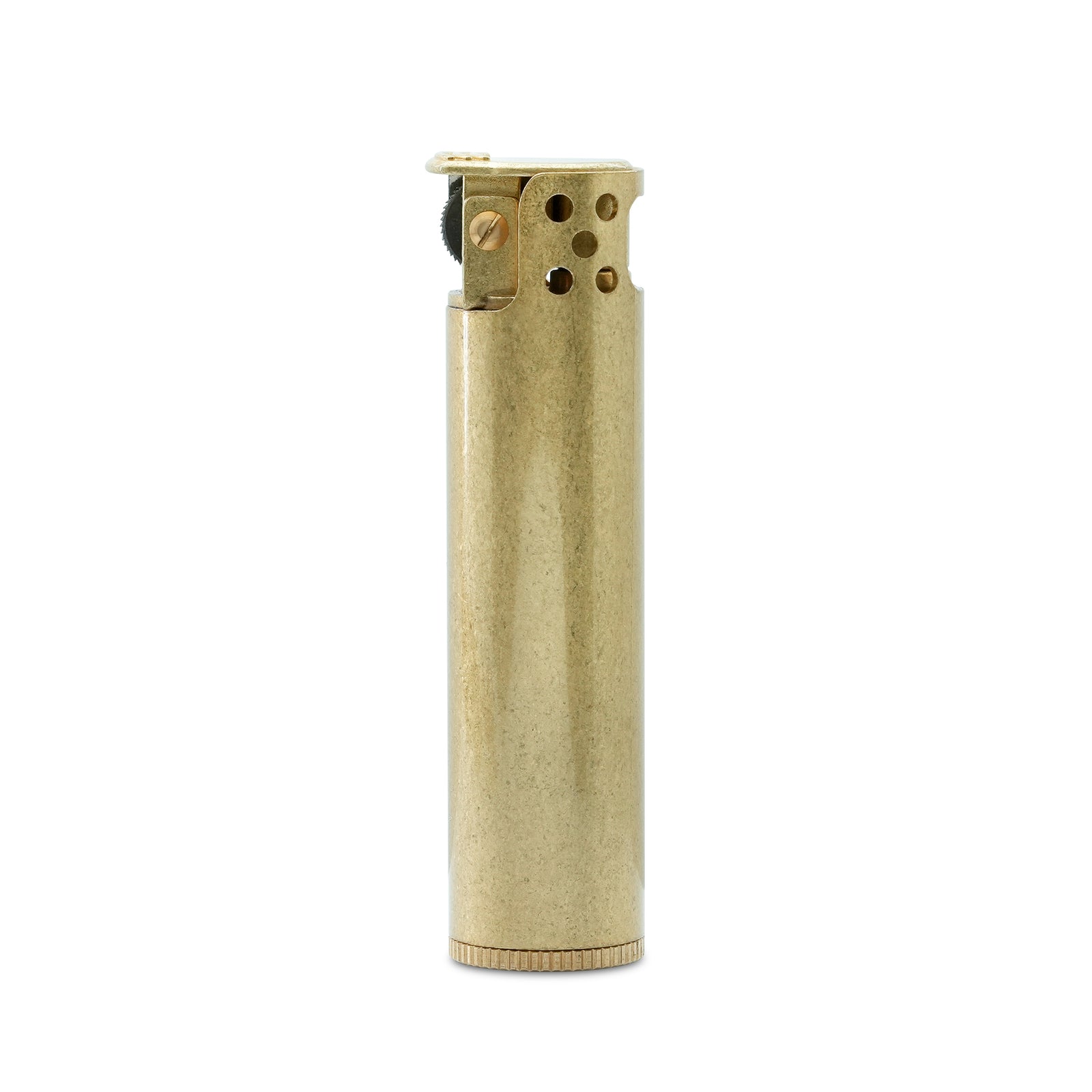 Vertical standing Ignis Tower lighter in a brushed brass finish, featuring a slotted windguard and a precision knurled fuel cap at the base.