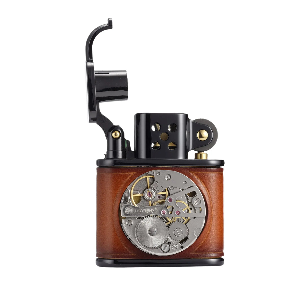A side-profile view of the Thorens handmade brown cowhide lighter with an open scaling cover, prominently displaying the intricate silver mechanical watch movement inlaid within the premium leather body.