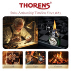 Green and black handmade cowhide lighter with inlaid mechanical movement shown in gift, cigar, and outdoor settings, reflecting 1883 Swiss heritage.