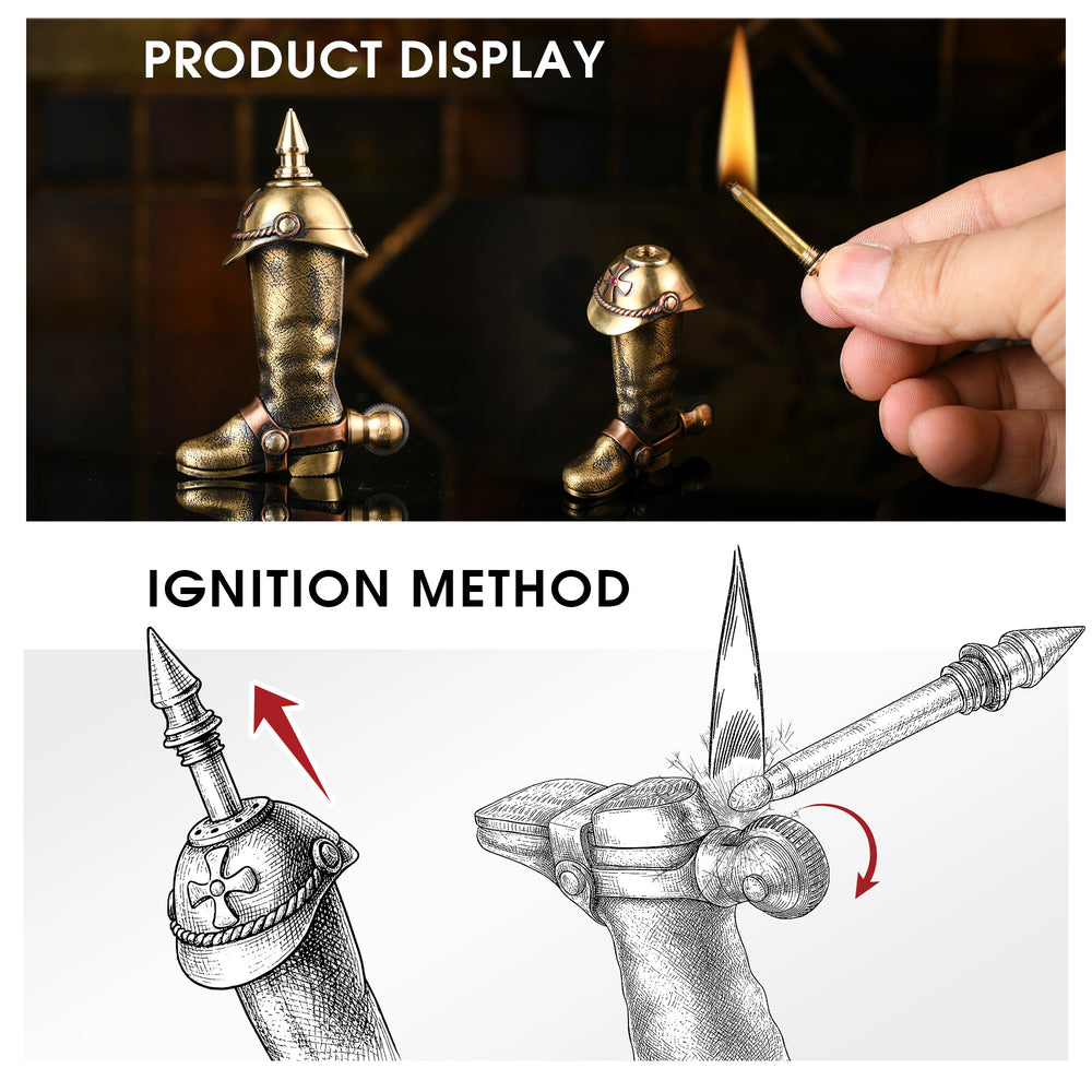 A combined infographic showing the Knight's Boot permanent match in action with a lit striker, alongside a technical line drawing explaining the pull-and-scrape ignition method.