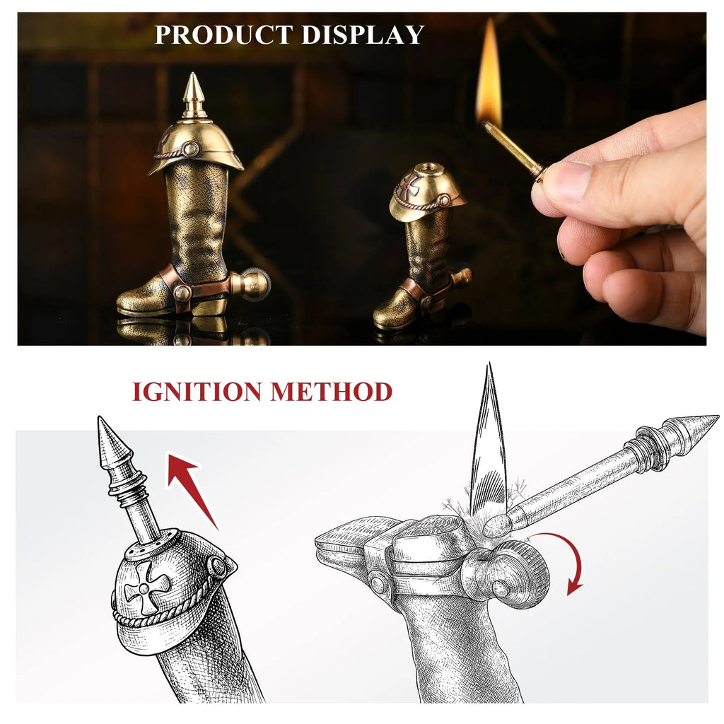 A combined infographic showing the Knight's Boot permanent match in action with a lit striker, alongside a technical line drawing explaining the pull-and-scrape ignition method.