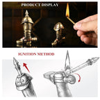 A combined infographic showing the Knight's Boot permanent match in action with a lit striker, alongside a technical line drawing explaining the pull-and-scrape ignition method.