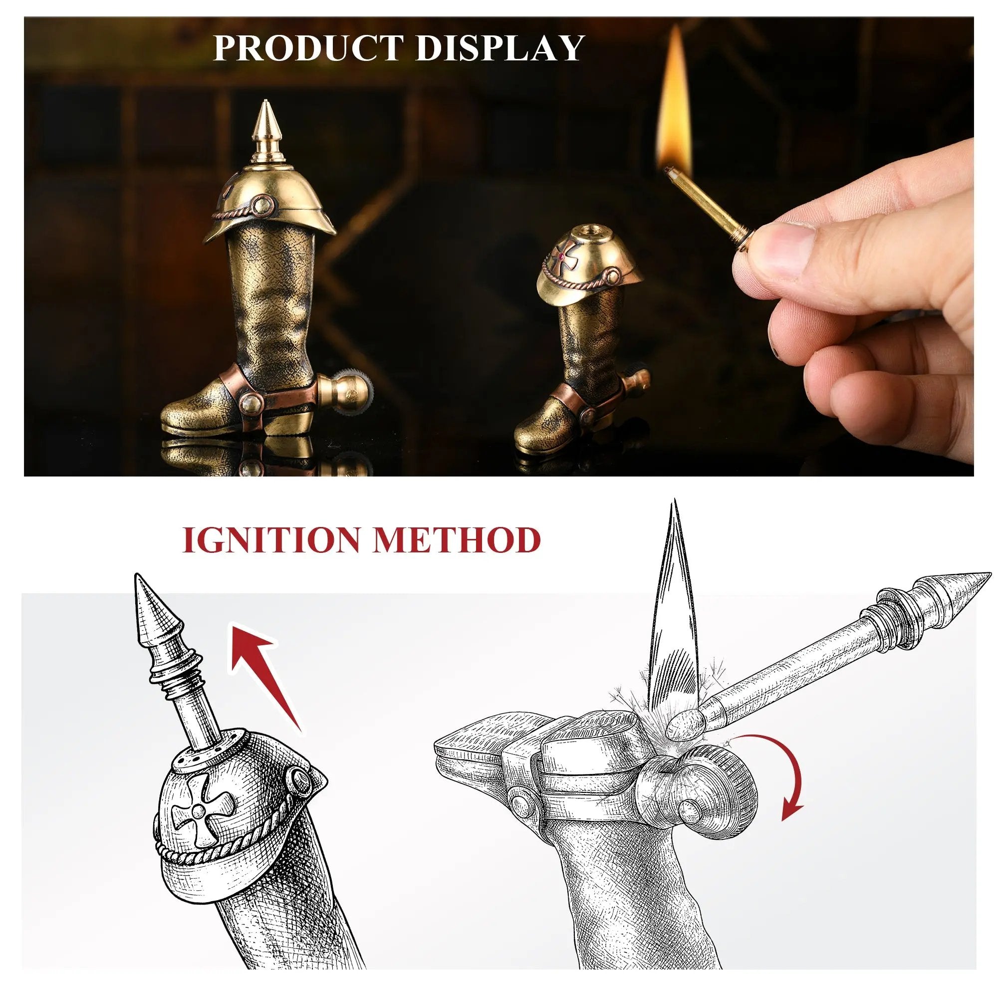 A combined infographic showing the Knight's Boot permanent match in action with a lit striker, alongside a technical line drawing explaining the pull-and-scrape ignition method.