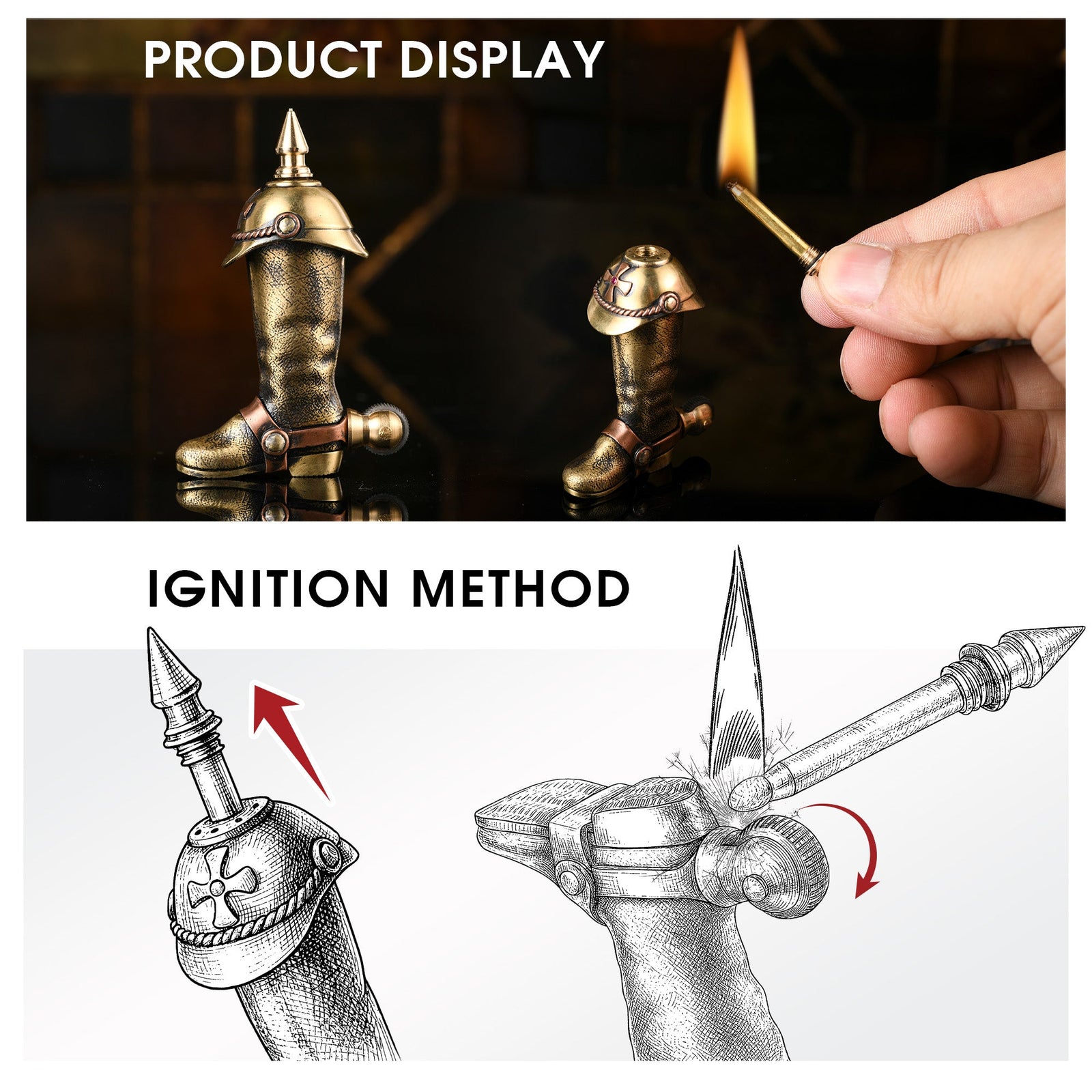 A combined infographic showing the Knight's Boot permanent match in action with a lit striker, alongside a technical line drawing explaining the pull-and-scrape ignition method.