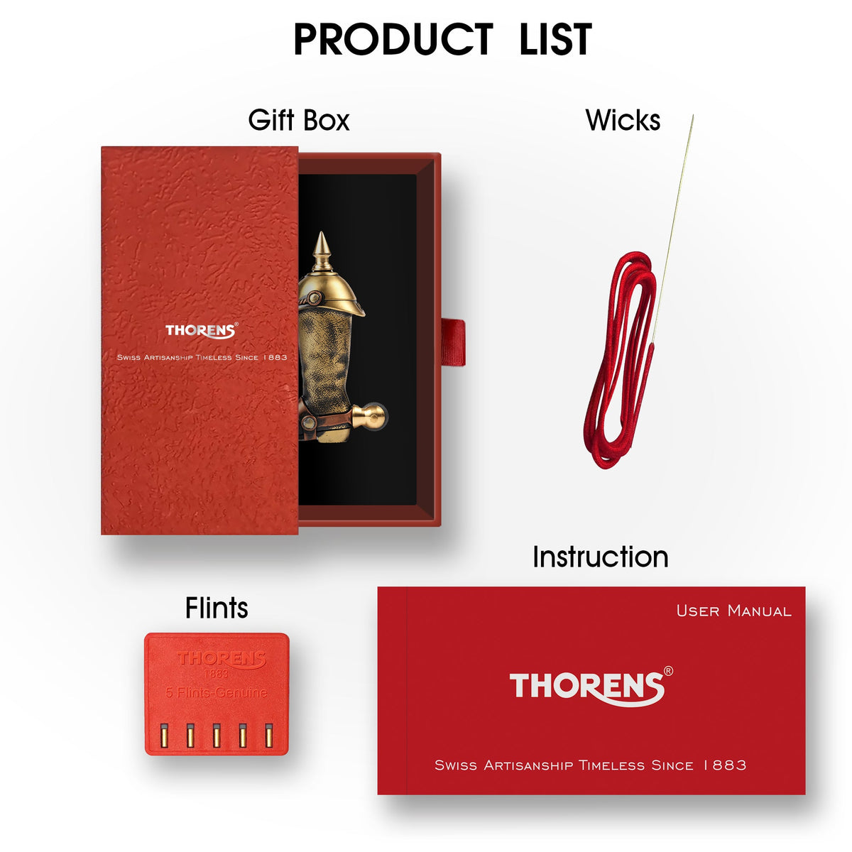 Complete product list for the Knight's Boot lighter, including the luxury red Thorens gift box, replacement flints, cotton wicks, and user manual.