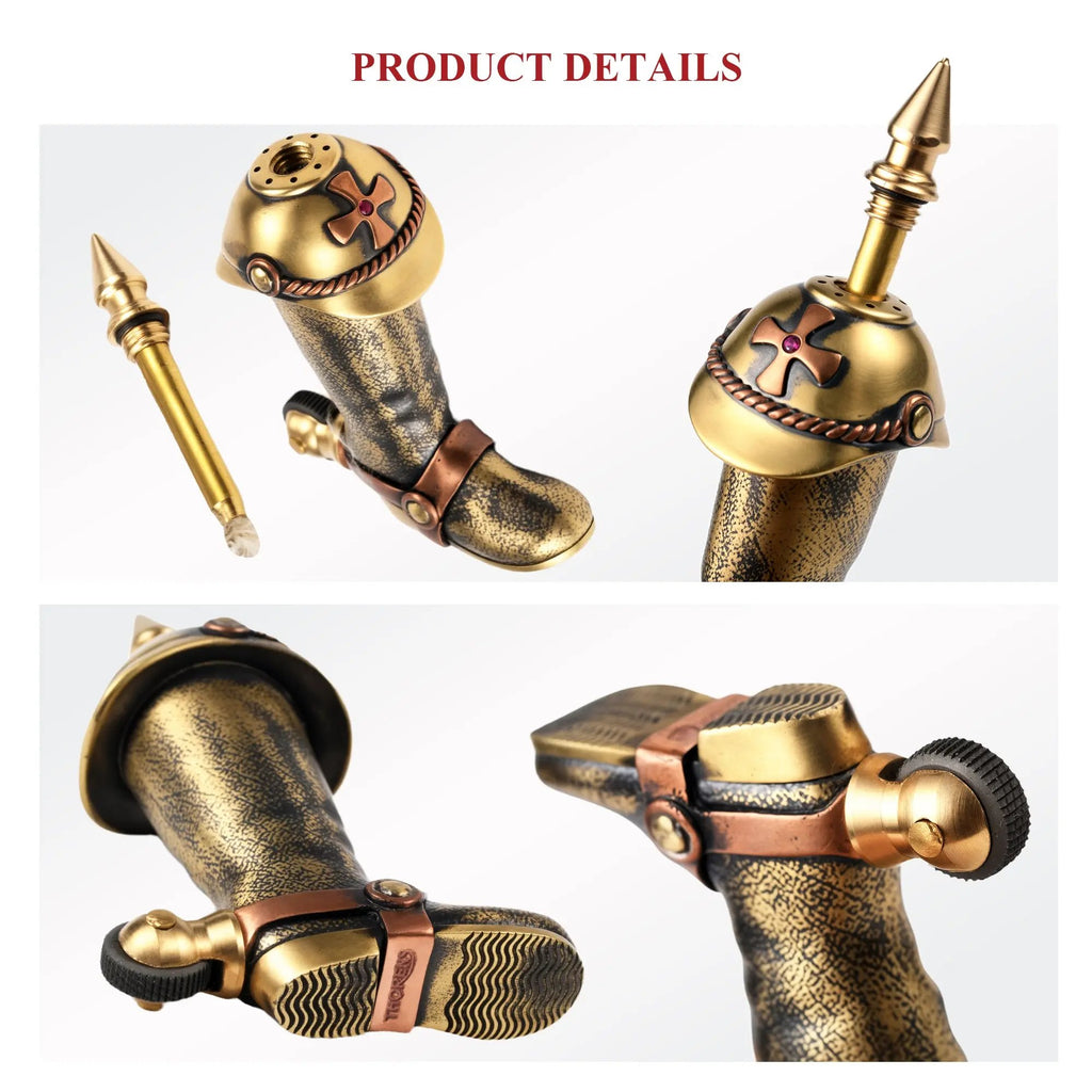 A detail collage of the Knight's Boot lighter, showing the unscrewed striker rod, the threaded fuel port, the cross emblem on the cap, and the textured "spur" flint wheel and boot sole engraving.