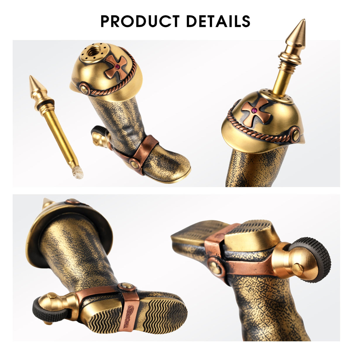 A detail collage of the Knight's Boot lighter, showing the unscrewed striker rod, the threaded fuel port, the cross emblem on the cap, and the textured "spur" flint wheel and boot sole engraving.
