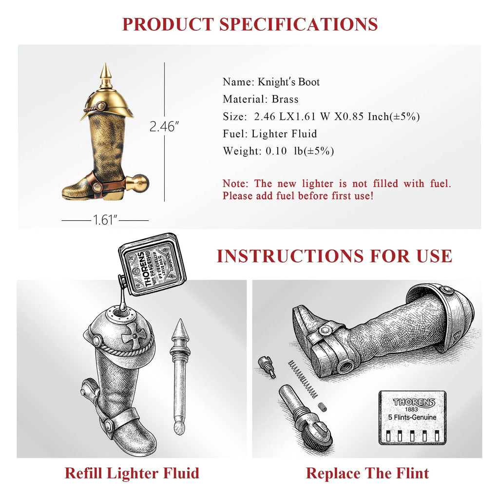 A technical infographic for the Knight's Boot permanent match, detailing its 2.46-inch height, brass material, and maintenance steps for refilling fluid and replacing the flint.