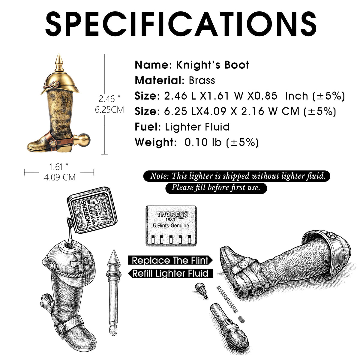 A technical infographic for the Knight's Boot permanent match, detailing its 2.46-inch height, brass material, and maintenance steps for refilling fluid and replacing the flint.