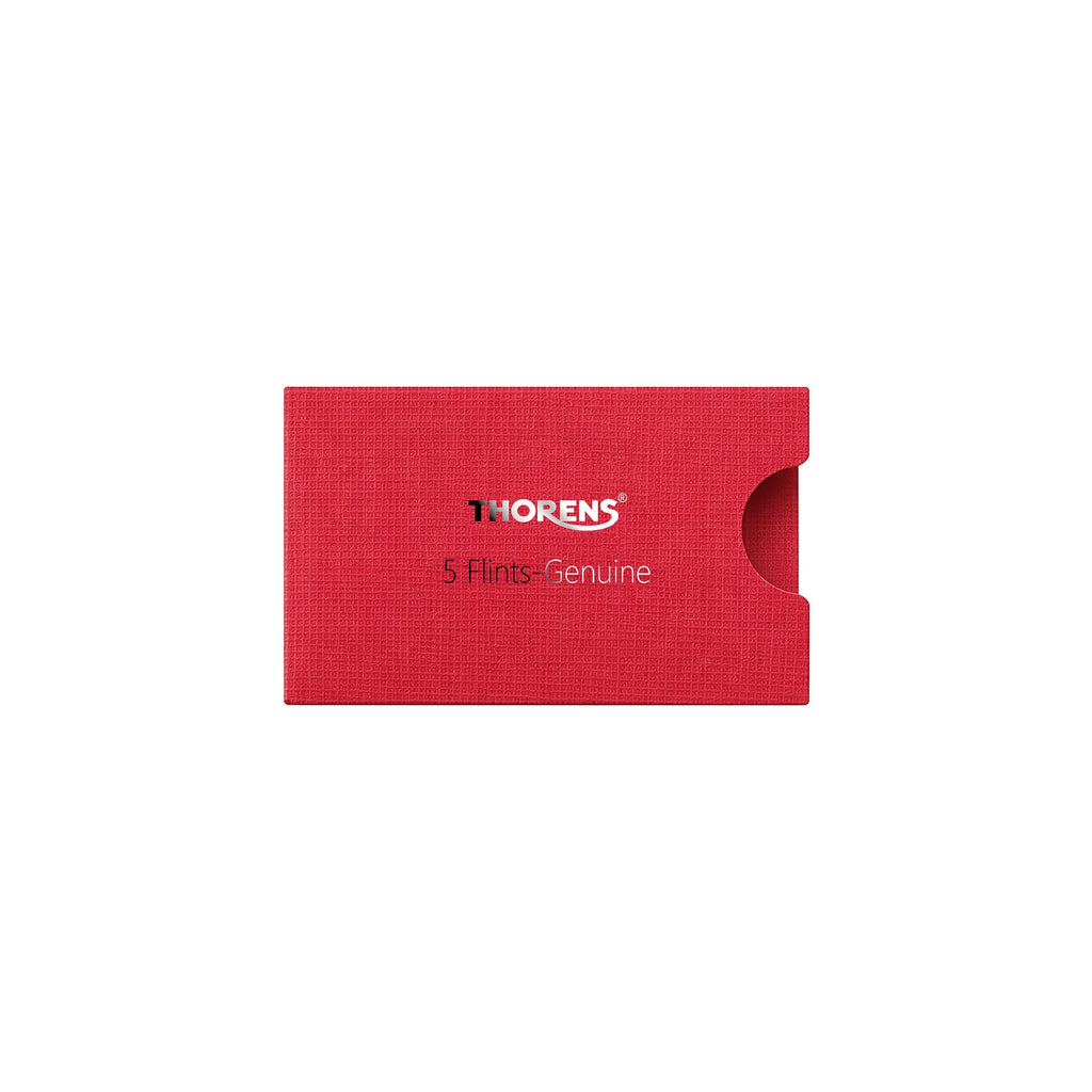 Thorens lighter flint packaging sleeve in red textured finish with printed branding and “5 flints genuine” label on a clean background.