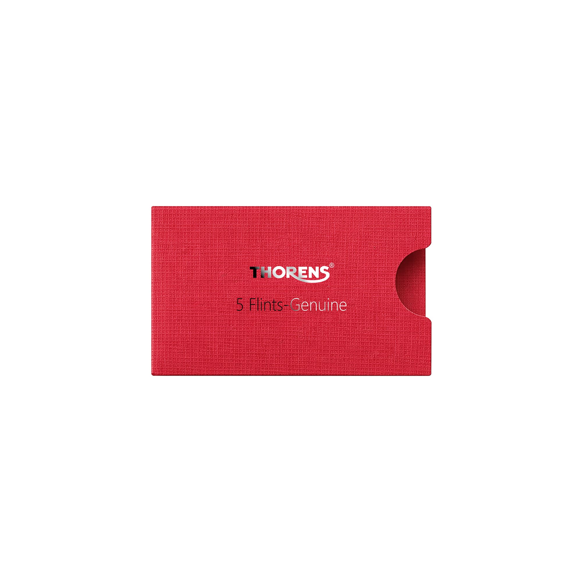 Thorens lighter flint packaging sleeve in red textured finish with printed branding and “5 flints genuine” label on a clean background.