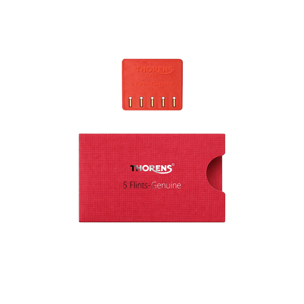 Thorens lighter flint set with five flints in holder and red textured sleeve, displayed separately on a clean background.