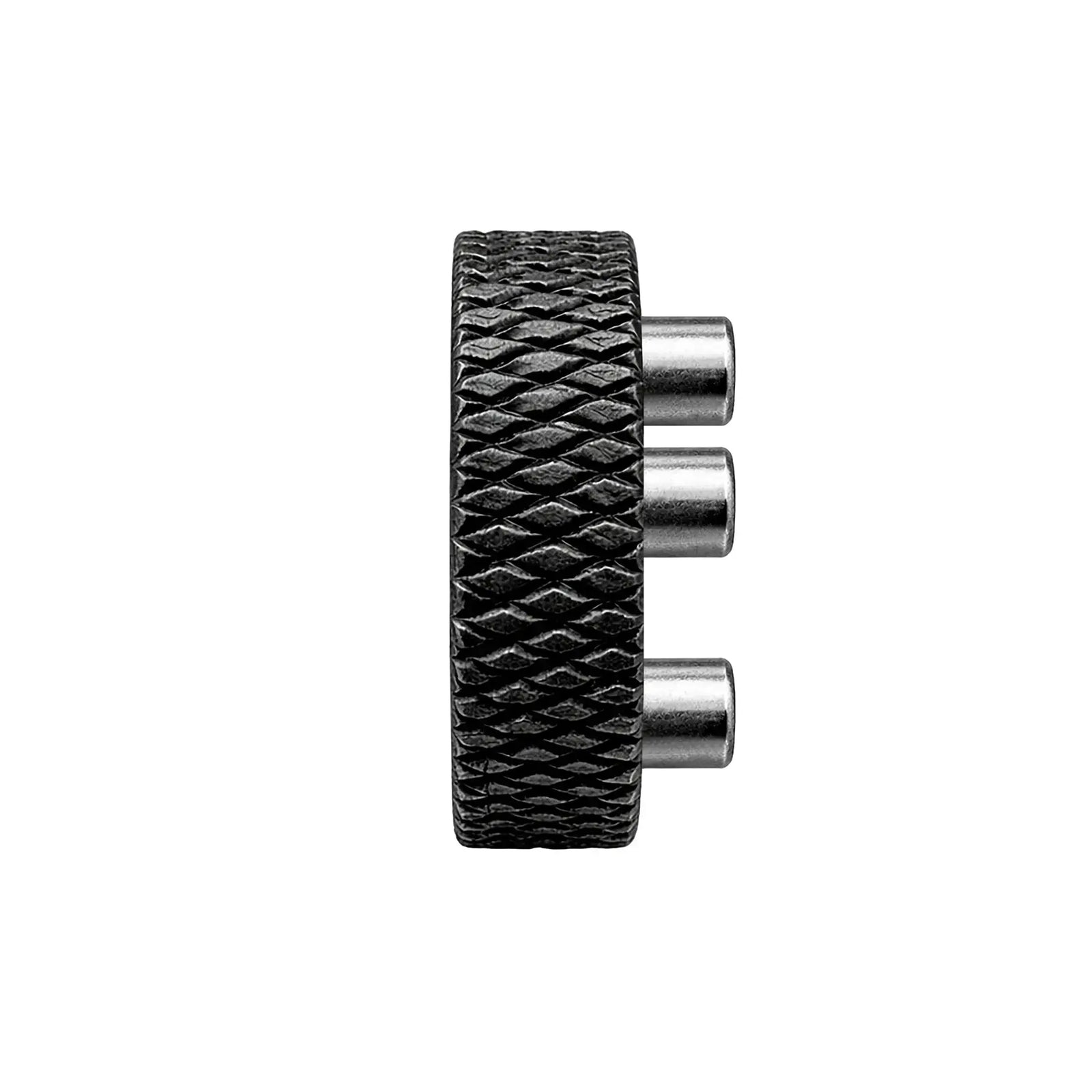A detailed side-view macro shot of a Thorens lighter flint wheel, showcasing the deep diamond-pattern knurling for maximum friction and the three precision steel mounting pins for claw-mechanism engagement.