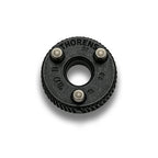 Close-up of a matte black Thorens flint wheel, highlighting the textured industrial finish and the precision mounting pins that ensure seamless engagement with the lighter's internal claw mechanism.