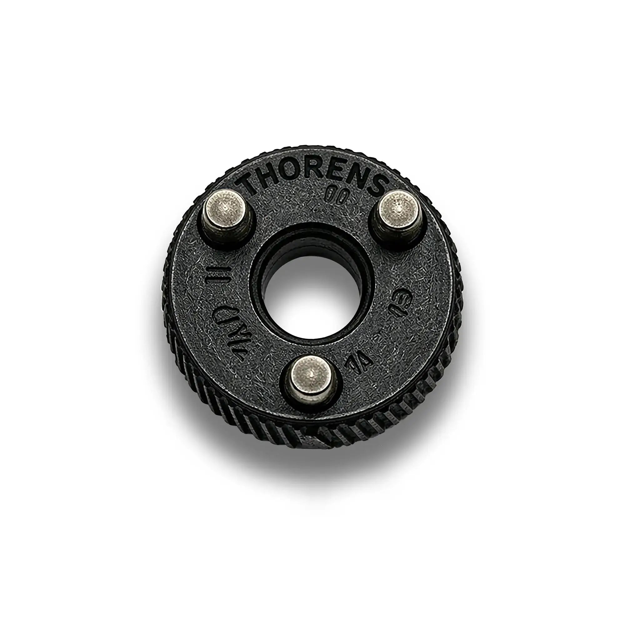 Close-up of a matte black Thorens flint wheel, highlighting the textured industrial finish and the precision mounting pins that ensure seamless engagement with the lighter's internal claw mechanism.