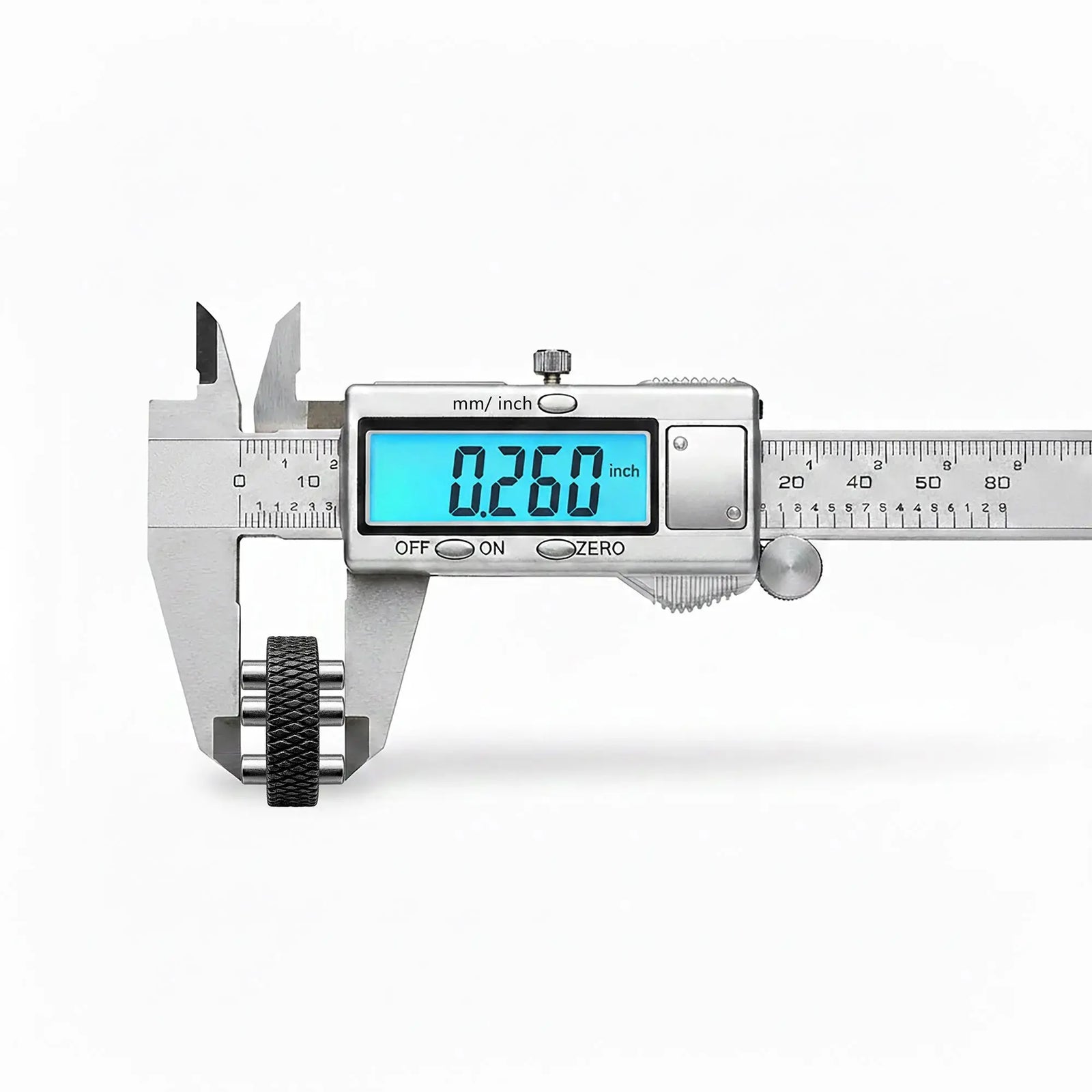 A digital caliper measuring the total pin-to-pin width of a Thorens flint wheel accessory, showing a precise measurement of 0.260 inches, ensuring proper clearance within the mechanical claw assembly.