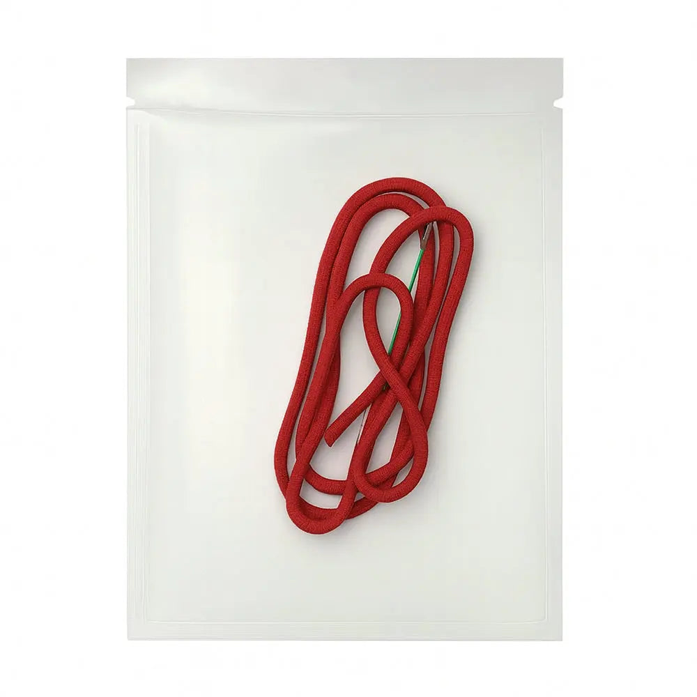 A coiled red replacement cotton wick for Thorens lighters, featuring a green lead wire and packaged in a clear protective studio bag.