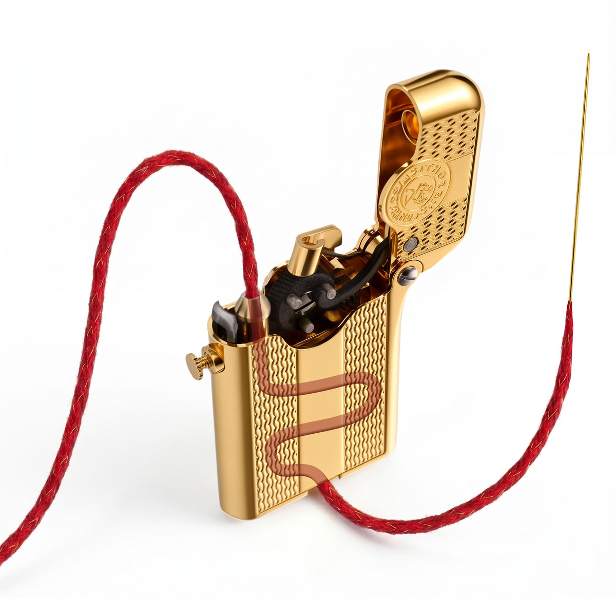 Thorens lighter shown open with red braided wick threaded through the internal chamber, illustrating copper wire reinforcement and wick installation path.