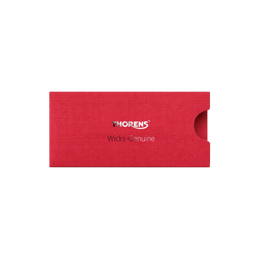 Thorens lighter wick packaging sleeve in red textured finish with printed branding, shown on a clean background.
