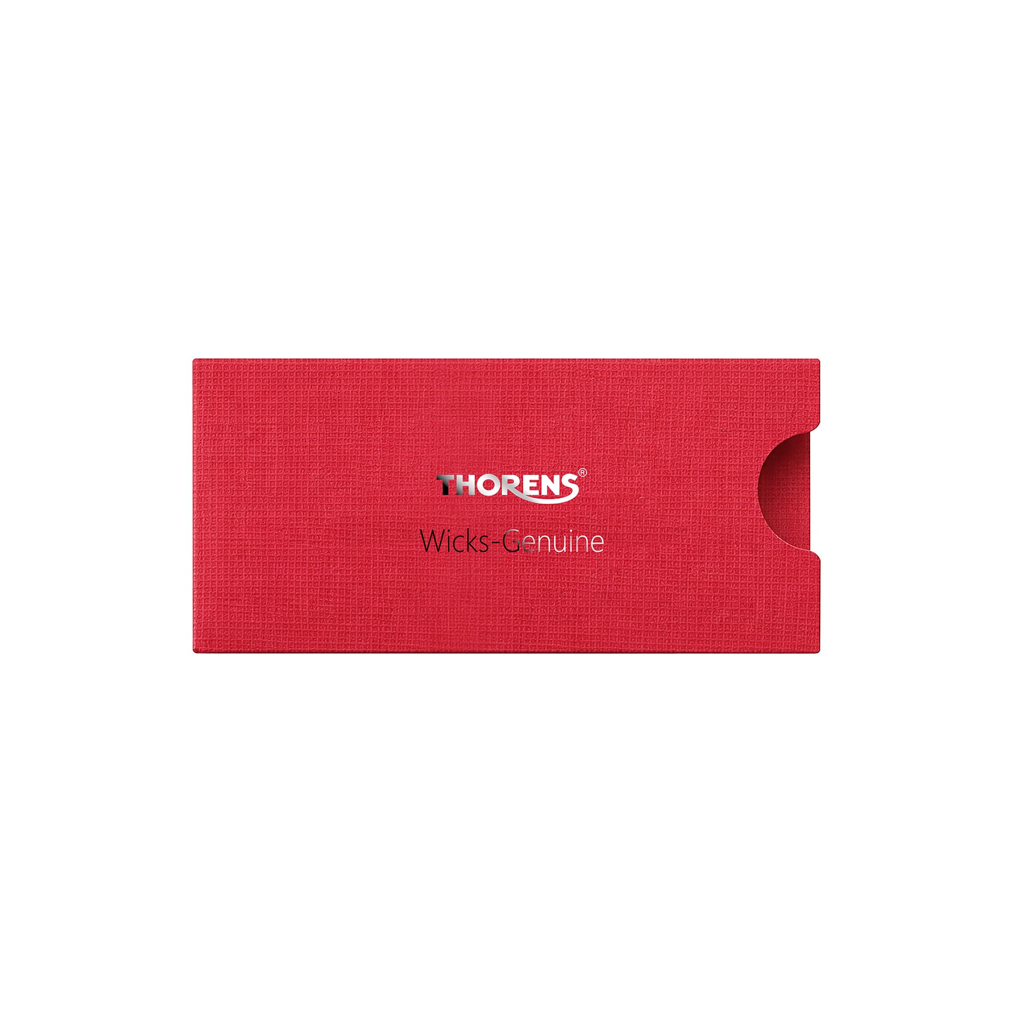 Thorens lighter wick packaging sleeve in red textured finish with printed branding, shown on a clean background.