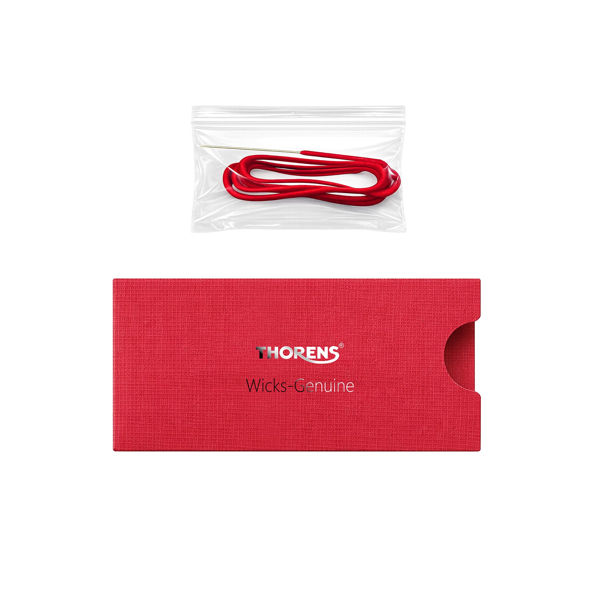Thorens lighter wick replacement set with red cotton wick in a clear pouch and branded sleeve, displayed separately on a clean background.
