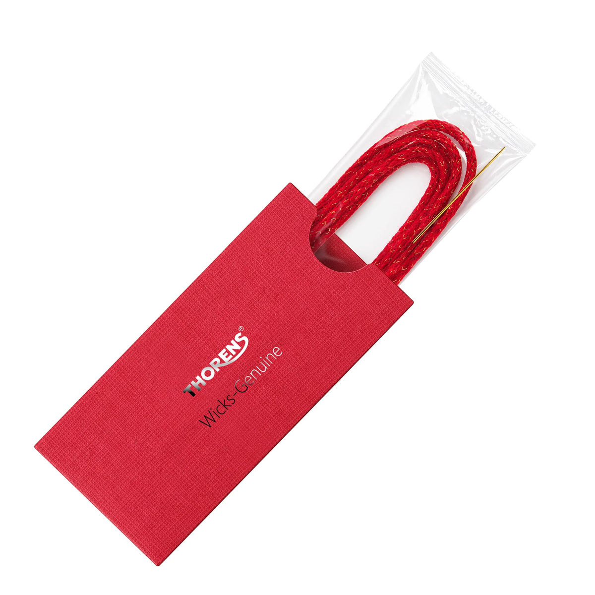 Thorens lighter wick with copper wire in a clear sleeve and red branded holder, partially exposed to show the reinforced braided wick structure.