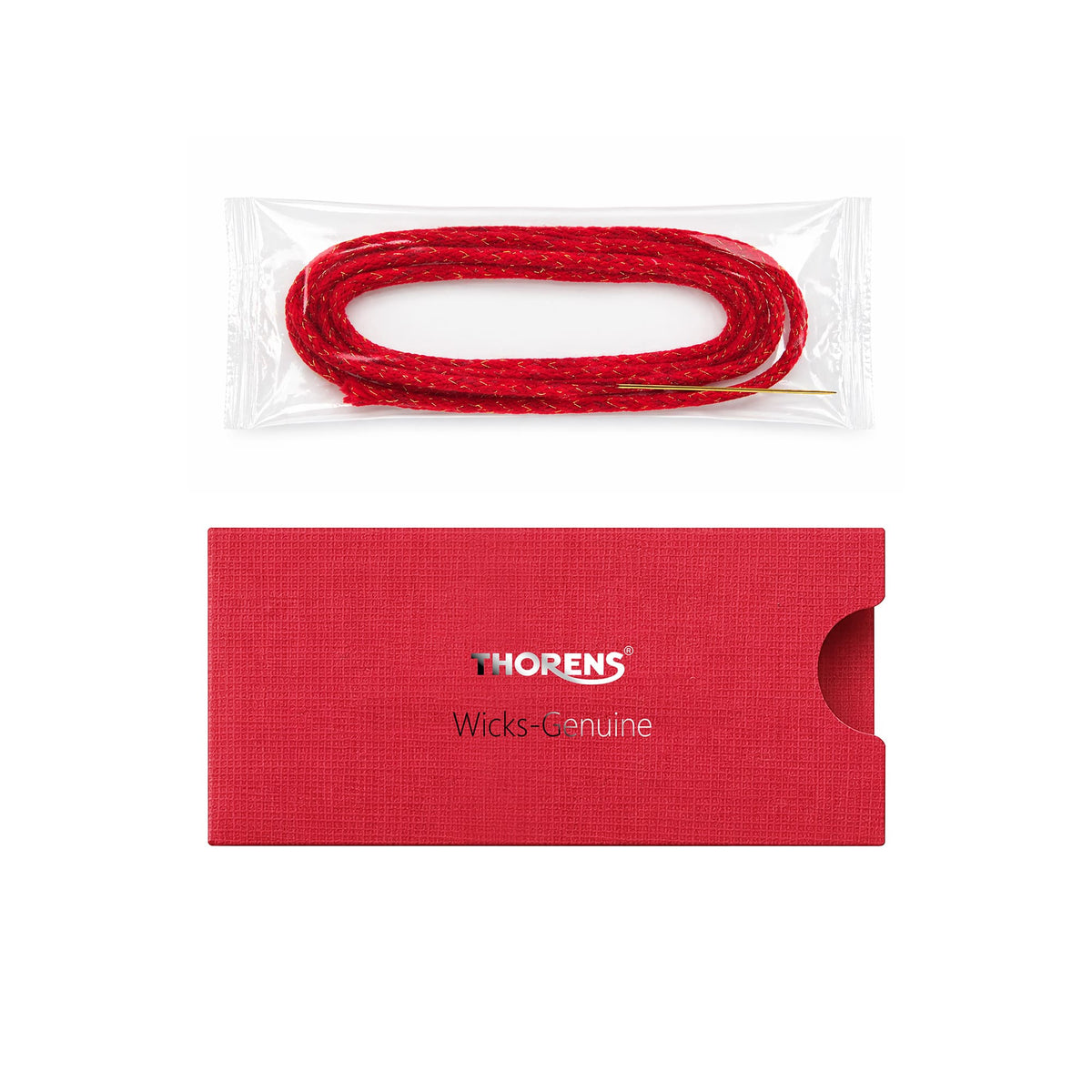 Thorens lighter wick with copper wire coiled in a clear sleeve and paired with a red branded holder, showing braided structure and protective packaging.